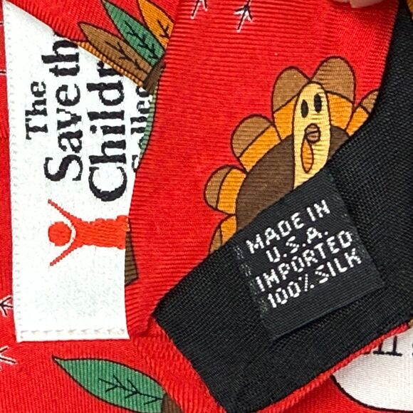 Save the Children Red Silk Tie THANKSGIVING Turkey Vintage 90s USA Made Necktie - Picture 5 of 7